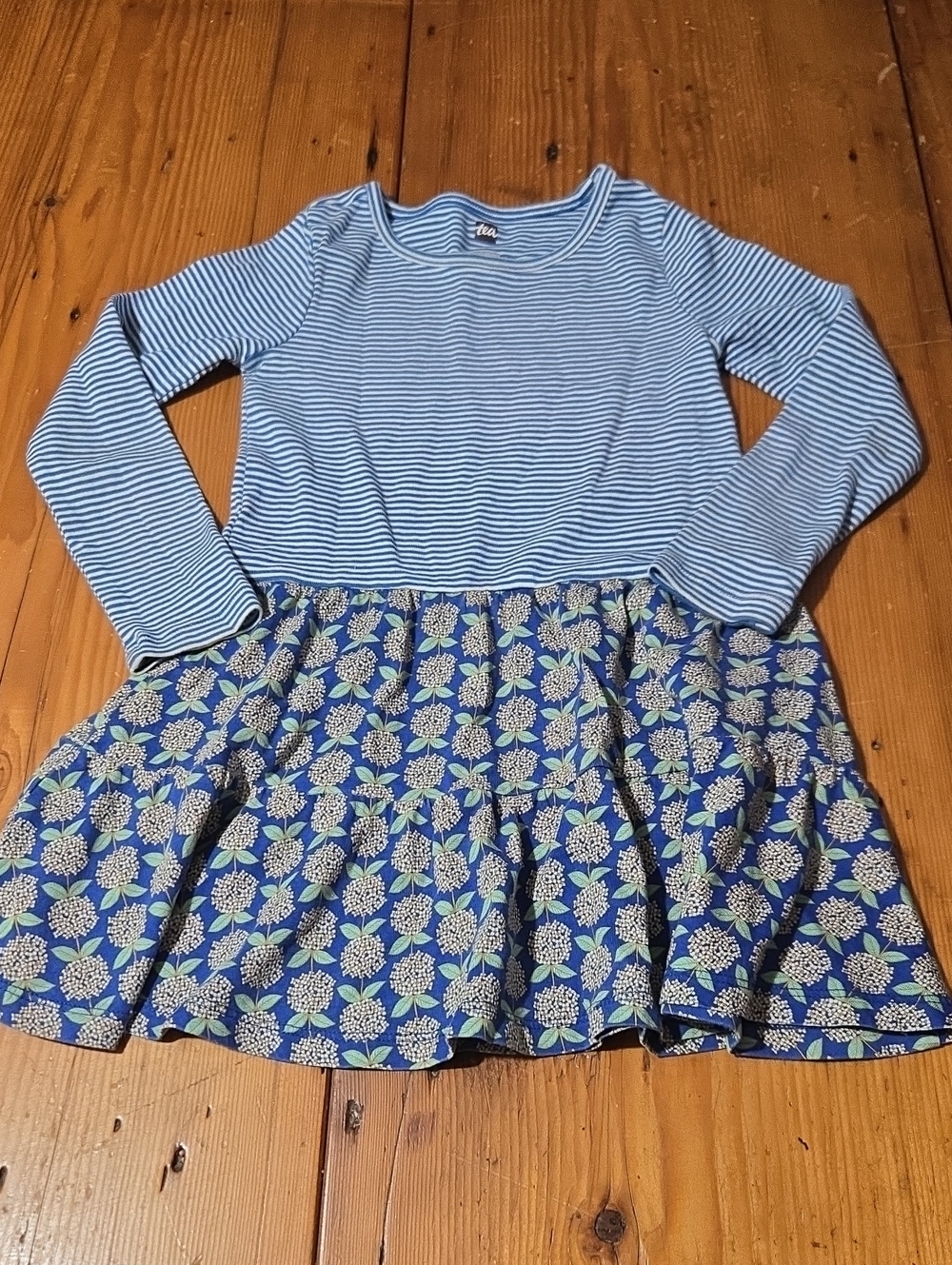 Tea Sz 4t Girls Blue Striped Top with Floral Skirt Casual Dress